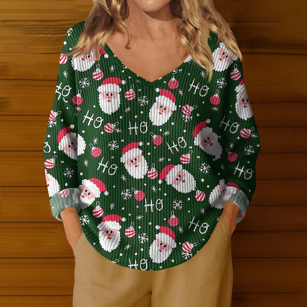 Damen Casual V-Ausschnitt Langarm Strickpullover mit Weihnachtsprint
