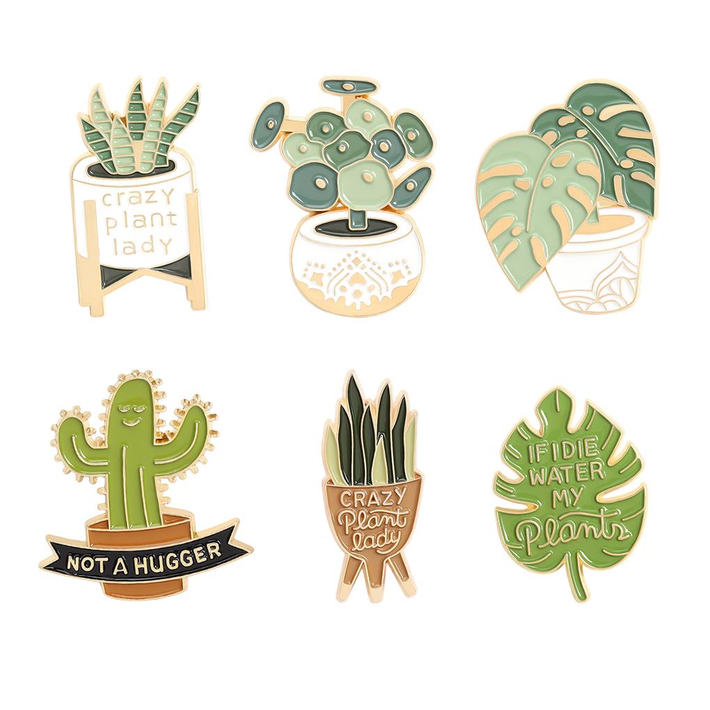 Brooches Cartoon Green Cactus Succulent Potted Plant Enamel Leaf Shape Lapel Girls Pins Boys Jewelry for Clothing Crafting