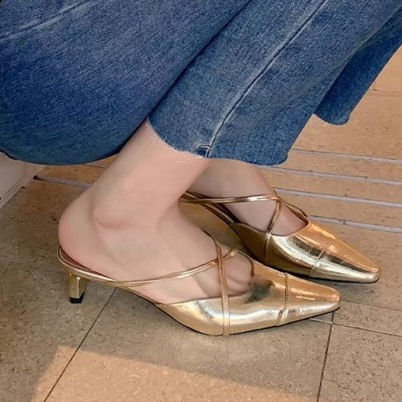 Fashion 2025 New Designer Summers Women Muels Slippers Shoes  Shallow Pointed Toe Ladies Elegant Low Heel Slides