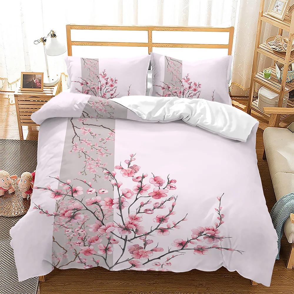 Spring Flowers King Queen Duvet Cover Pink Sakura Bedding Set Girls Cherry Blossoms Quilt Cover Floral Polyester Comforter Cover
