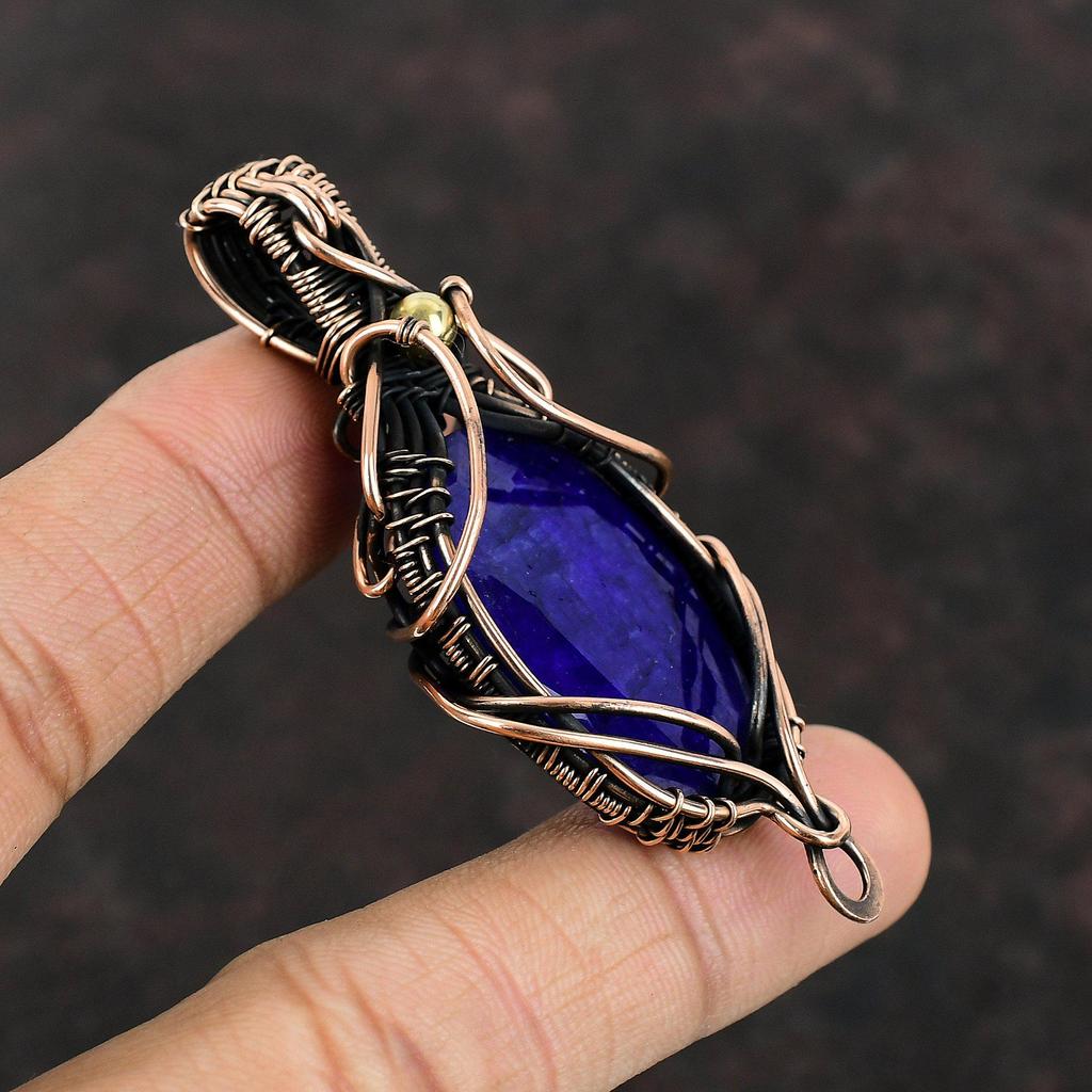 Faceted Blue Sapphire Copper Pendant Wire Wrapped Pendant Genuine Gemstone Jewelry Handmade Pendant Copper Jewelry For Gift Healing Stone