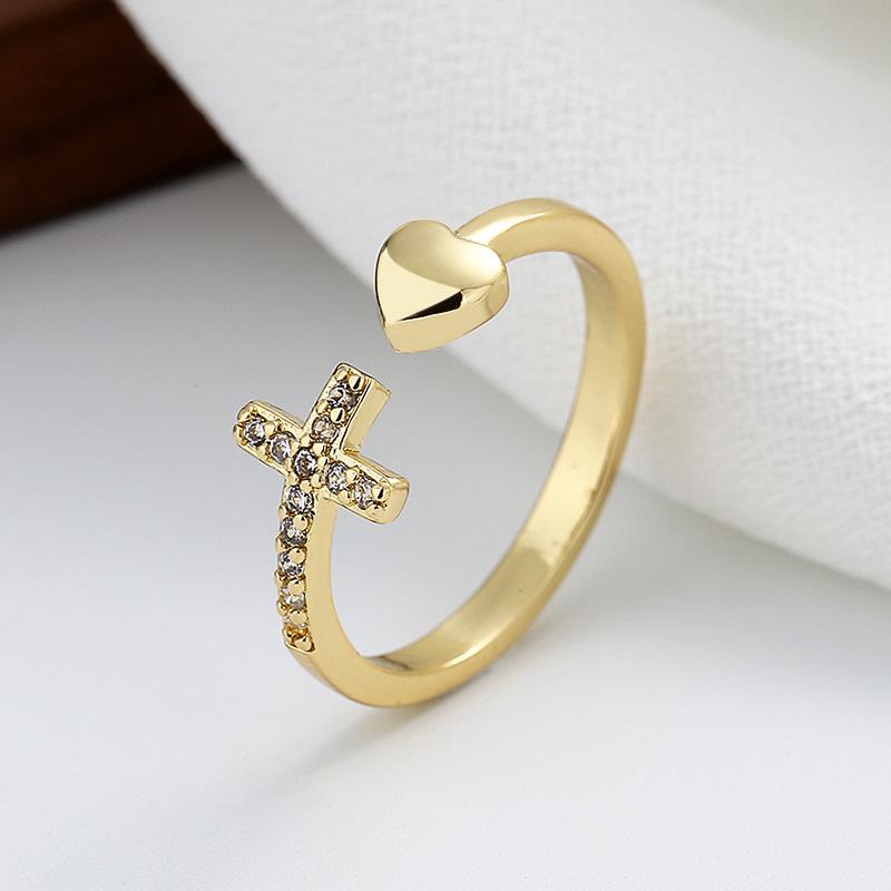 European American Geometric Rhinestone Heart Cross Ring for Women Adjustable золотой