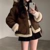 Korea Chic Winter Retro Loose Coat Women Y2k Horn Buckle Fur Brown Lamb Wool Jackets 2000s Long Sleeve Hooded Outerwear Clothes