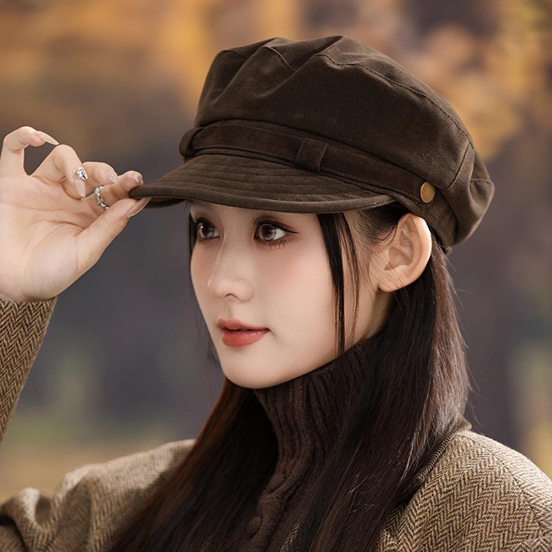Four Seasons Retro Navy Hat Premium Suede Flat Top Newsboy Hat Girls Versatile Painter Hat
