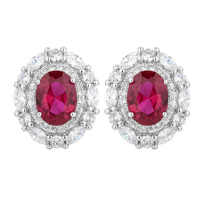 Set Bijuterii Huamei Colier Corindon Roșu Culoare Zirconiu Comoară Ac Argintiu S925 Inel cu Șurub Inel pentru Ureche Stil Femei pentru Banchet