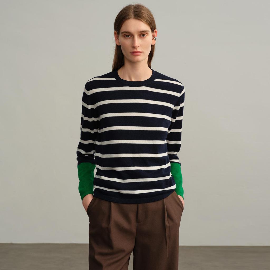Black & White Striped Women's 100% Wool Long-Sleeve Round Neck Top