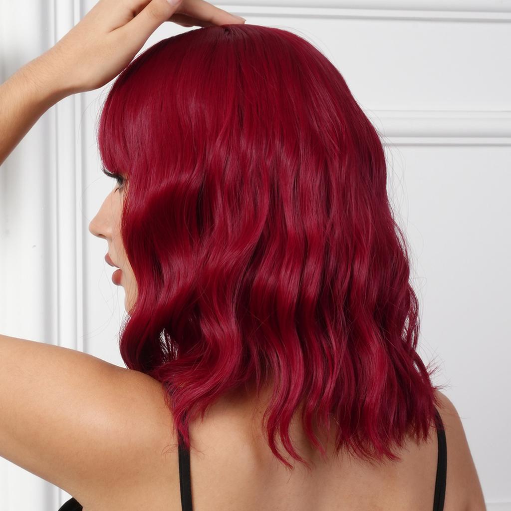 Premium Synthetic Wavy Wigs for Women Long Curly Wig with Bang Medium Water Wave Wig Wine Red Hair Auburn Wig Cosplay Drag Queen