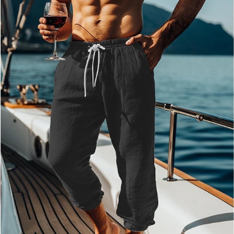 Cotton and Linen Nine Cropped Pants Beach Pants Pocket Drawstring Elastic Waist Solid Color Comfortable and Breathable  Men’s Casual Pants
