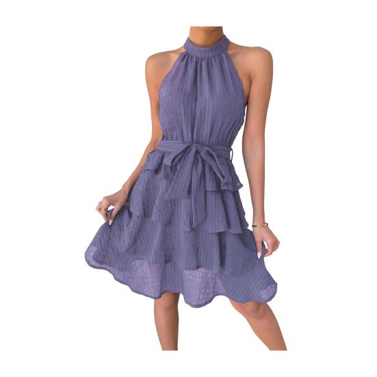 Women Halter Sleeveless Dress Ruffle Layered Swing Dress Loose Lightweight Elegant Solid Color