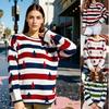 Womens Oversized Knit Sweater With National Flag Print Long Sleeve Crewneck Fall Winter 2025
