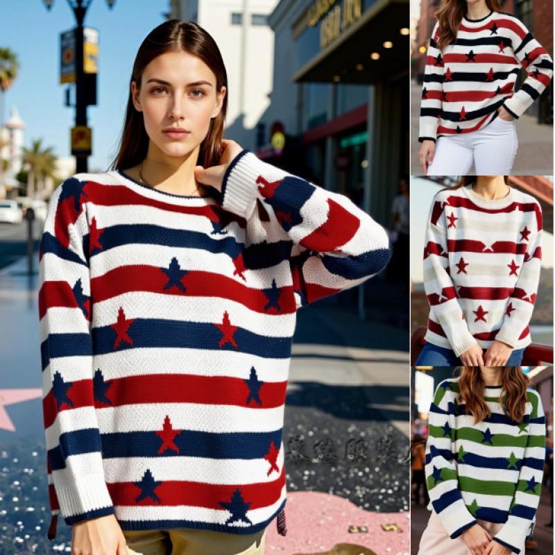 Womens Oversized Knit Sweater With National Flag Print Long Sleeve Crewneck Fall Winter 2025