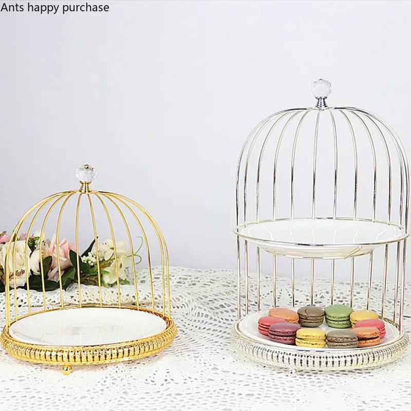 Birdcage Cake Stand Two Floors Three Floors Ceramic Plate Golden Silver Metal Snack Rack Dessert Cake Pastry Tray Display Stand