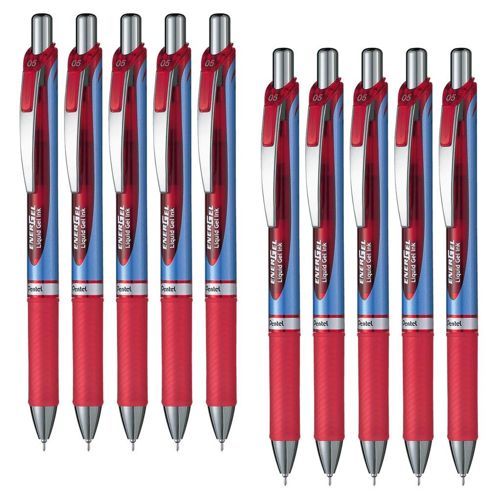 Pentel EnerGel Gel Ink Ballpoint Blue Red 10 Pen, 0.5mm, Barrel, Ink, Pens, BLN75-B