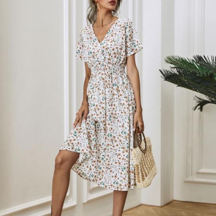 Summer Vacation Floral Print V Neck Loose Dress for Ladies
