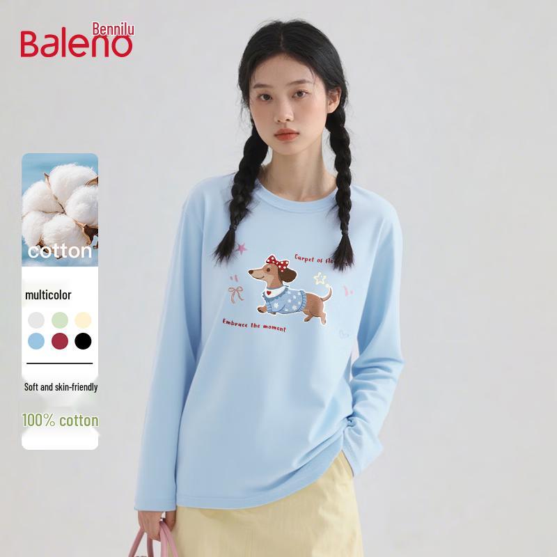 Baleno Women's Pure Cotton Long-Sleeve T-Shirt with Bow Puppy Print