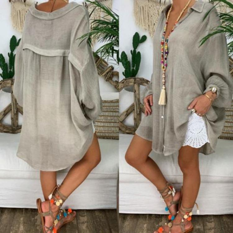 Casual Loose Lapel Shirt Solid Color Single Breasted Lady Party Wear