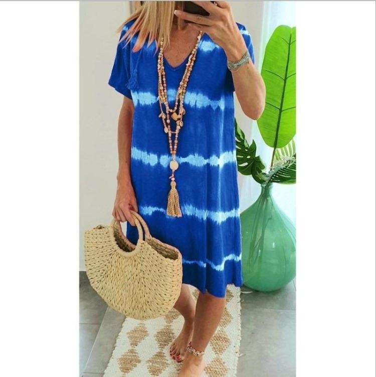 Women Summer V Neck Beach Dress Casual Loose Tie Dye Printed Short Sleeve Pullover Midi Dress