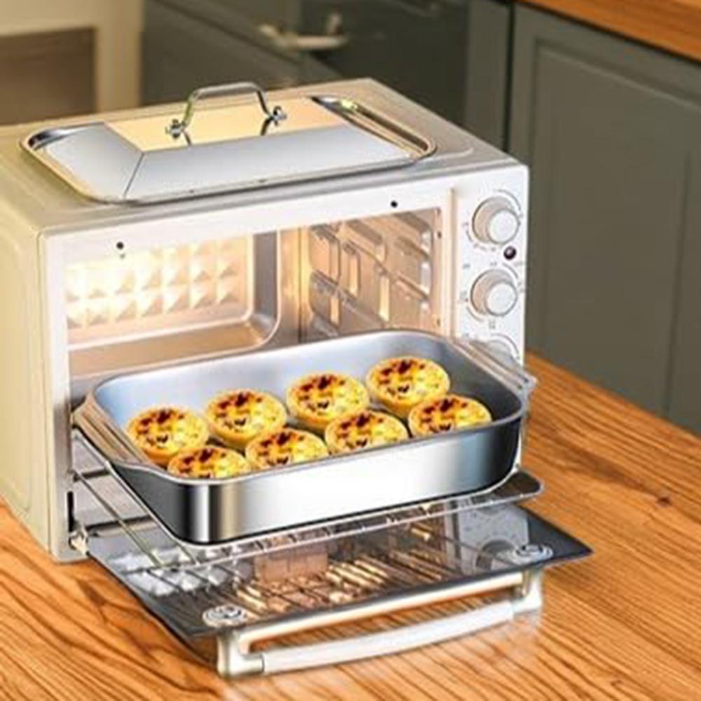 Kommersiell 18x11 tums lasagneform i rostfritt stål med 3 tums djup, lock och kalla handtag för ugn till bord