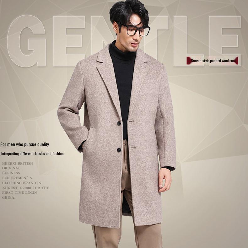 Men's Mid-Length Lapel Double-Faced Wool Coat - 50.9% Wool, Autumn/Winter Casual Business Style