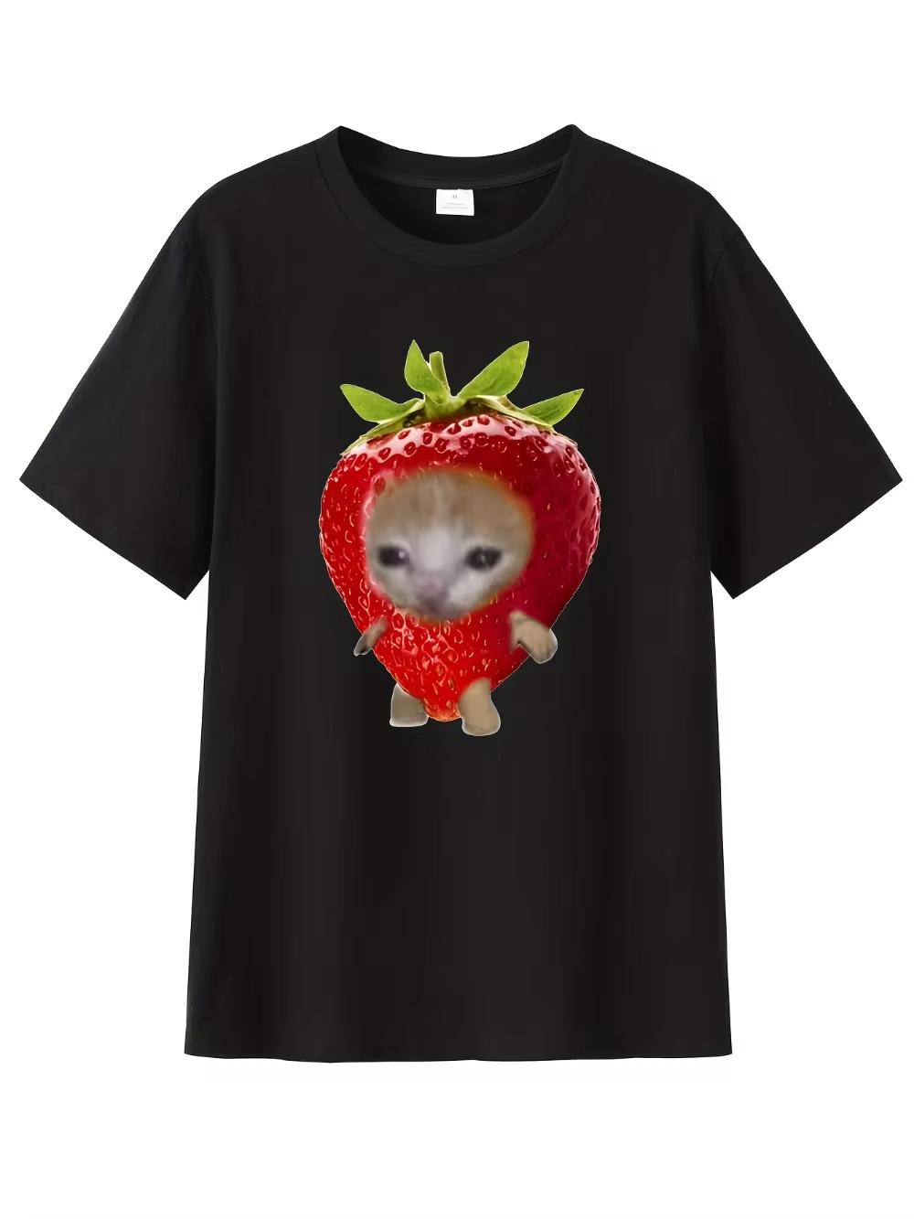 

Summer Fashion Casual Easy Cartoon Cute Strawberry Cat Stickers Print Round Neck T-Shirt Men s T-Shirt Black Casual Cotton Te... S