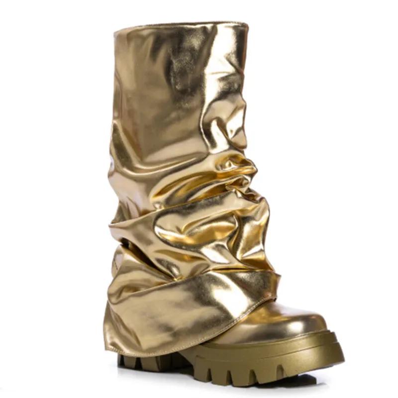 Women's Mid Calf Boots Thick Bottom Round Toe Runway Style Pleated Boots Women Platform Boots Gold Silver Large Size Shoes