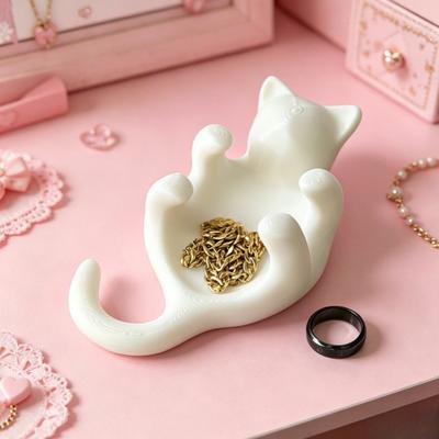 3D Printed Sculpted Black Cat Tray Cute Kitten Jewelry Trinket Dish with Hollow Belly Desktop Decorative Ring Holder for Earrings Bracelets Necklaces