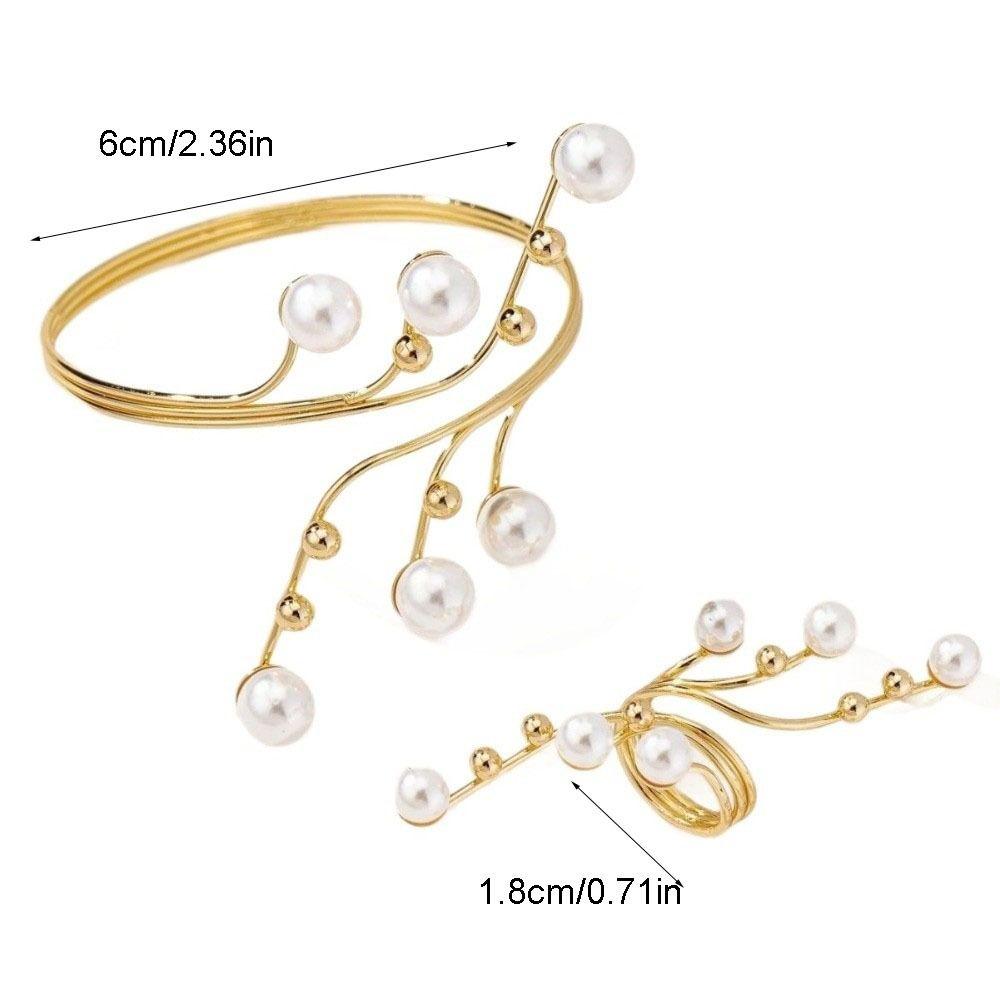 Imitation Pearl Open Arm Bangle Adjustable Armband Vintage Bracelet Ring Set Arm Accessories