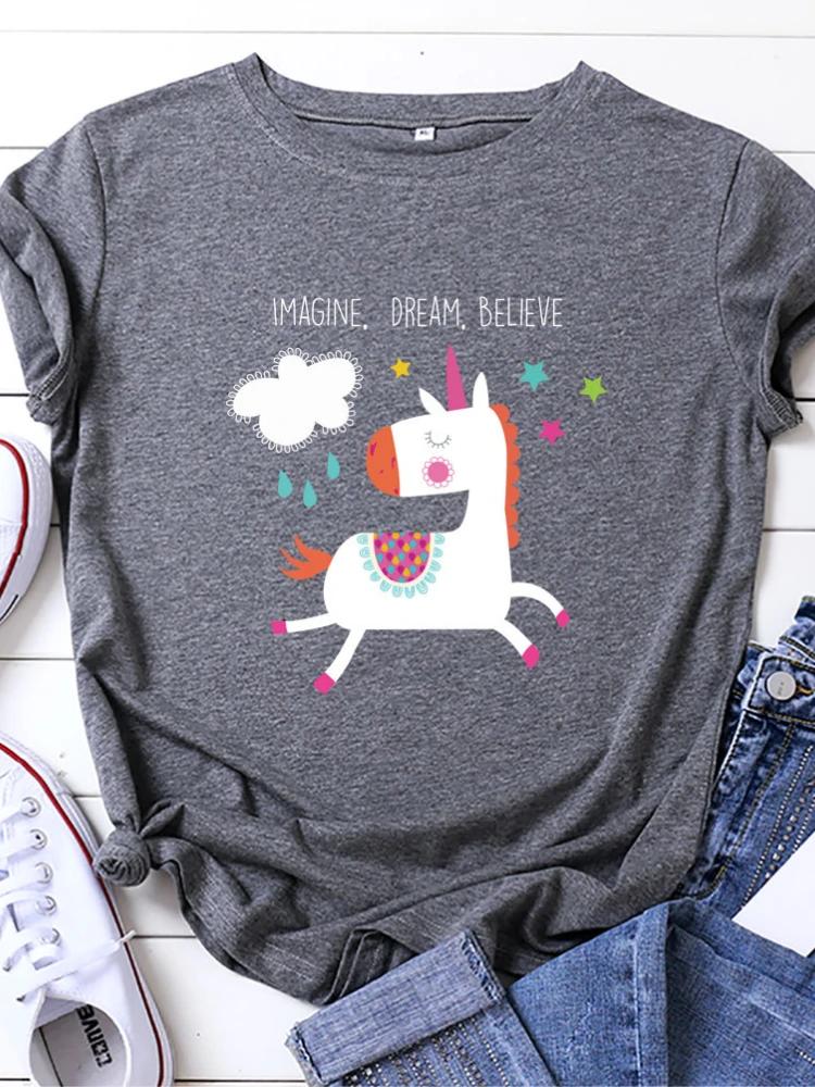 Imagine Dream Believe Horse Print Women T Shirt Short Sleeve O Neck Loose Women Tshirt Ladies Tee Shirt Tops Camisetas Mujer