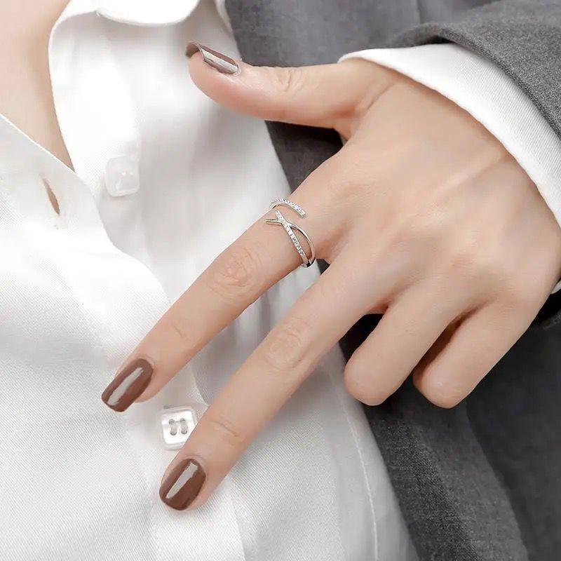 

S925 Silver Sparkling Diamond Cross Geometric Ring - Japanese Luxury Design Cold Style for Women Adjustable