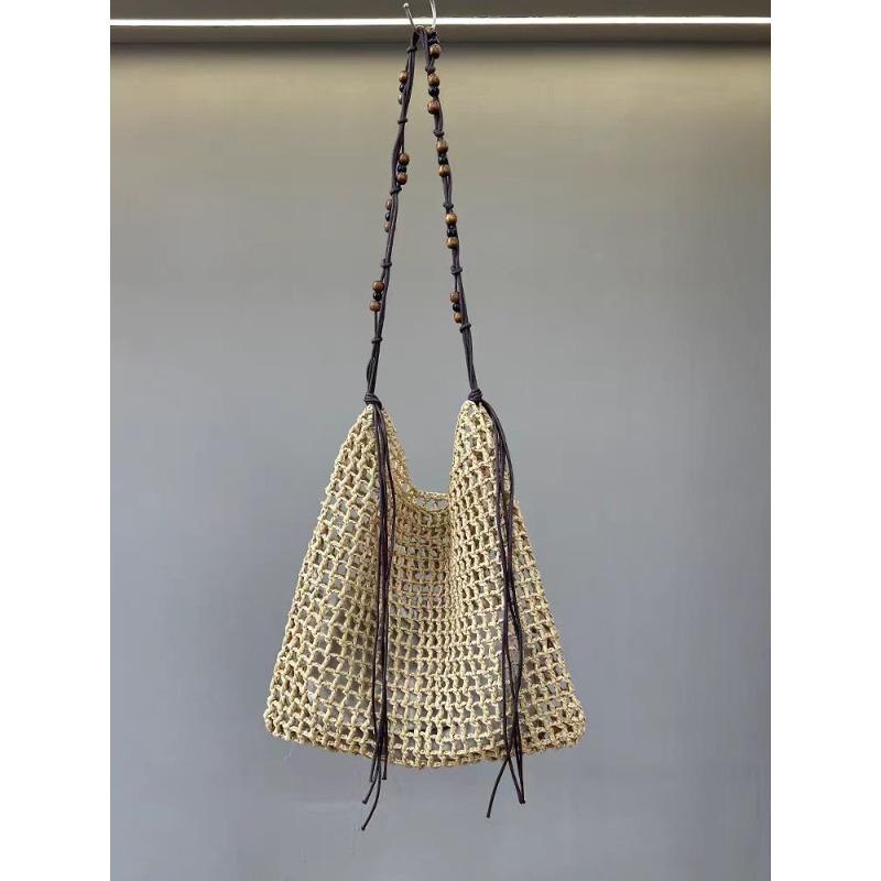 Summer beach bag raffia woven bag beaded retro underarm bag large capacity shopping bag shoulder tote bag women белый