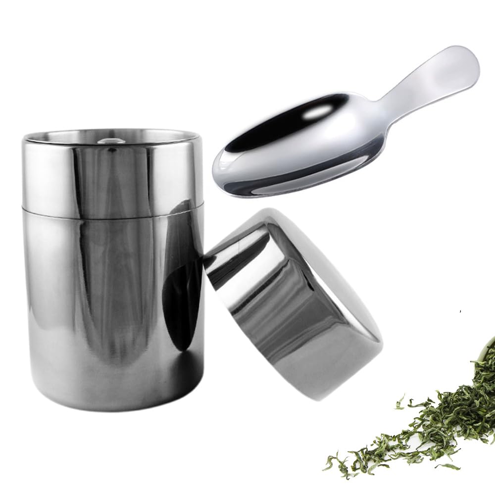 Stainless steel tea canister with airtight seal, blocks light, keeps tea fresh, and is dishwasher safe. A great gift idea.