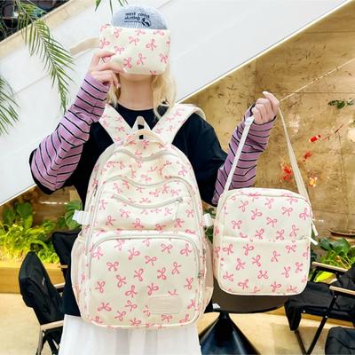 Bow Print 3pcs Female Elementary School Bags Middle School Students' Large Capacity Backpack Pencil Case Shoulder Bag Student Backpack for Class