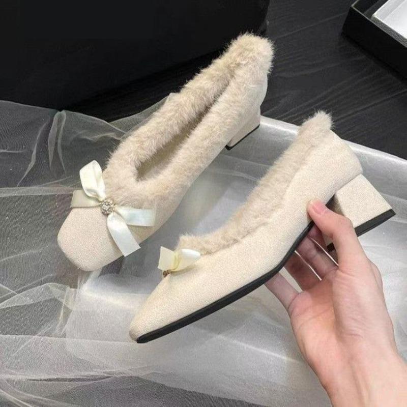 Apricot Colored High-heeled Ankle Boots for Women, Square Toe, Thick Heel, Bow Tie, Cute Women's Boots with Plush Warm Boots