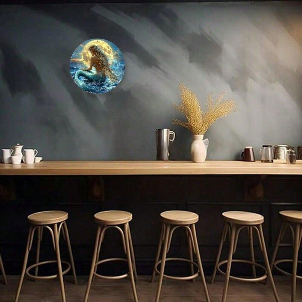 Vintage Mermaid Wall Art 8 Inch Round Aluminum Metal Sculpture Pearl Starfish Ocean Beach Decor for Home Living Room Bedroom