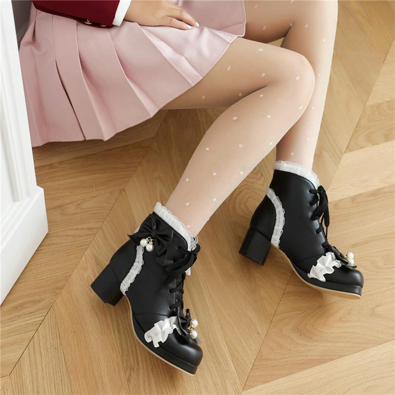 Damen-Lolita-Stiefeletten, runder Zehenbereich, Block-Mitte-Absätze, Kawaii-Schnürung, Schleife, kurze Stiefel, Damen-Cosplay-Schuhe, Herbst-Winter, 46