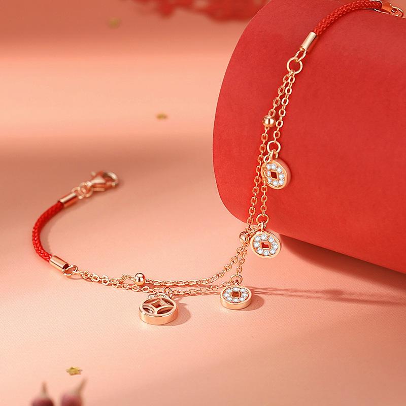 Original Coins Red Rope Bracelet Female Sterling Silver China-Chic Vintage Birthday Double Layer Hand Rope Court Style Copper Coin Handwear