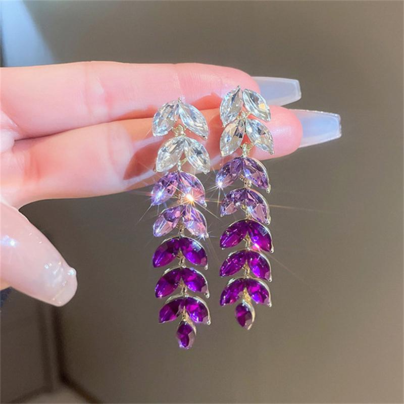 Øredobber med strass i koreansk stil, lilla krystallblad-dangle-øredobber for kvinner, zirkon