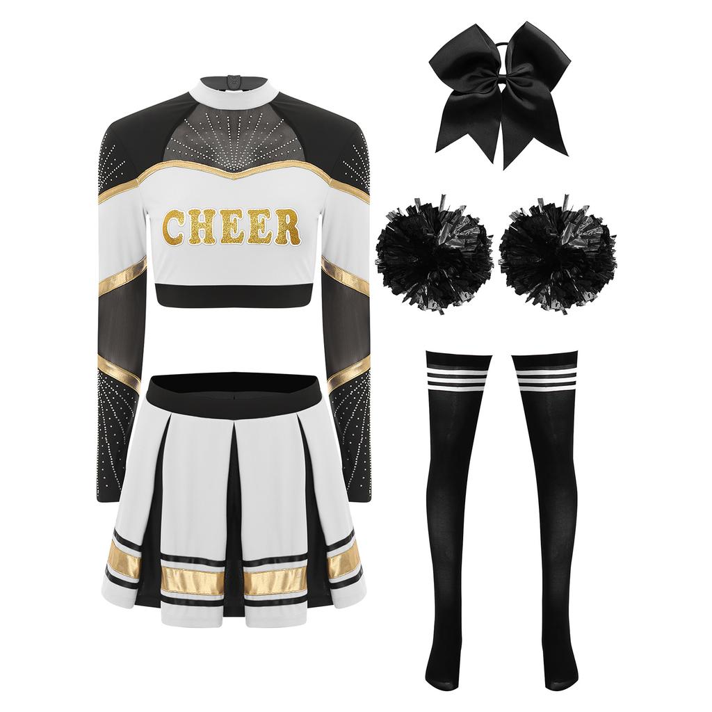 Damen Cheerleading Performance Tanz Outfit Langarm Stehkragen Strass Crop Top Faltenrock Haargummi Set