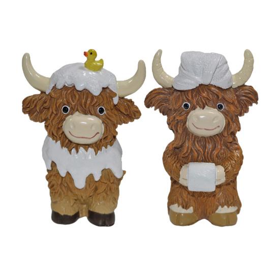 2 Pcs Highland Cow Figurine with Flowers Small Resin Highland Cow Statue Spring Farmhouse Scottish Cattle Sculpture for Home Tiered Tray Table Decor