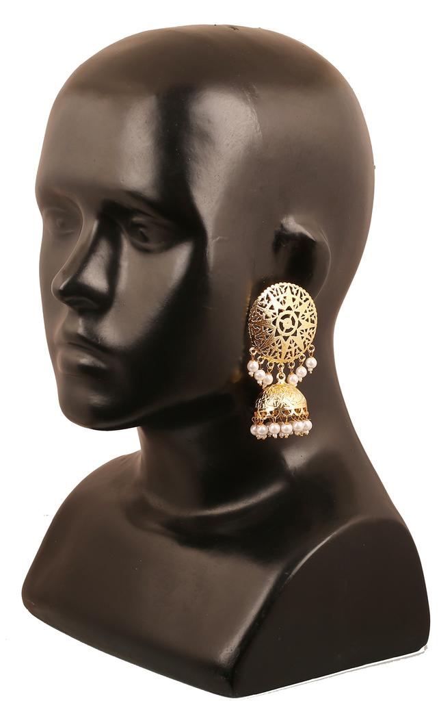 Touchstone Indian Bollywood Innovative Finely Embossed Architectural Style Bridal Chandelier Jewelry jhumki earrings hung with tassel pearl tassels