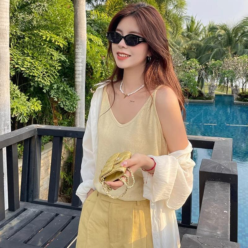 Women V-neck Spaghetti Strap Camisole Casual Solid Color Bamboo Cotton Lightweight Tank Top