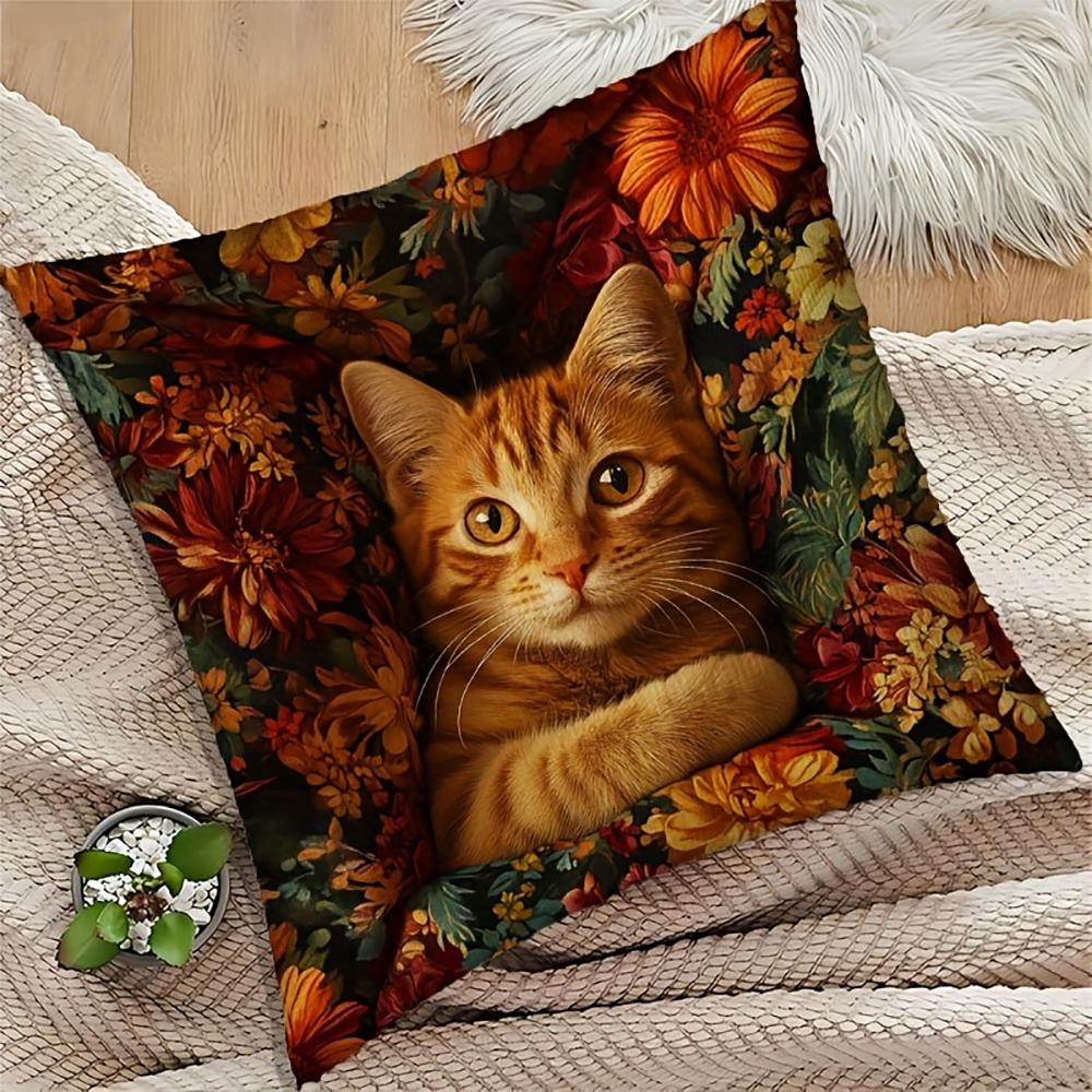2D Flat- Vintage Rustic Floral Ginger Cat Throw Pillow Cover Warm Tone Autumn Flower Decorative Cushion Case For