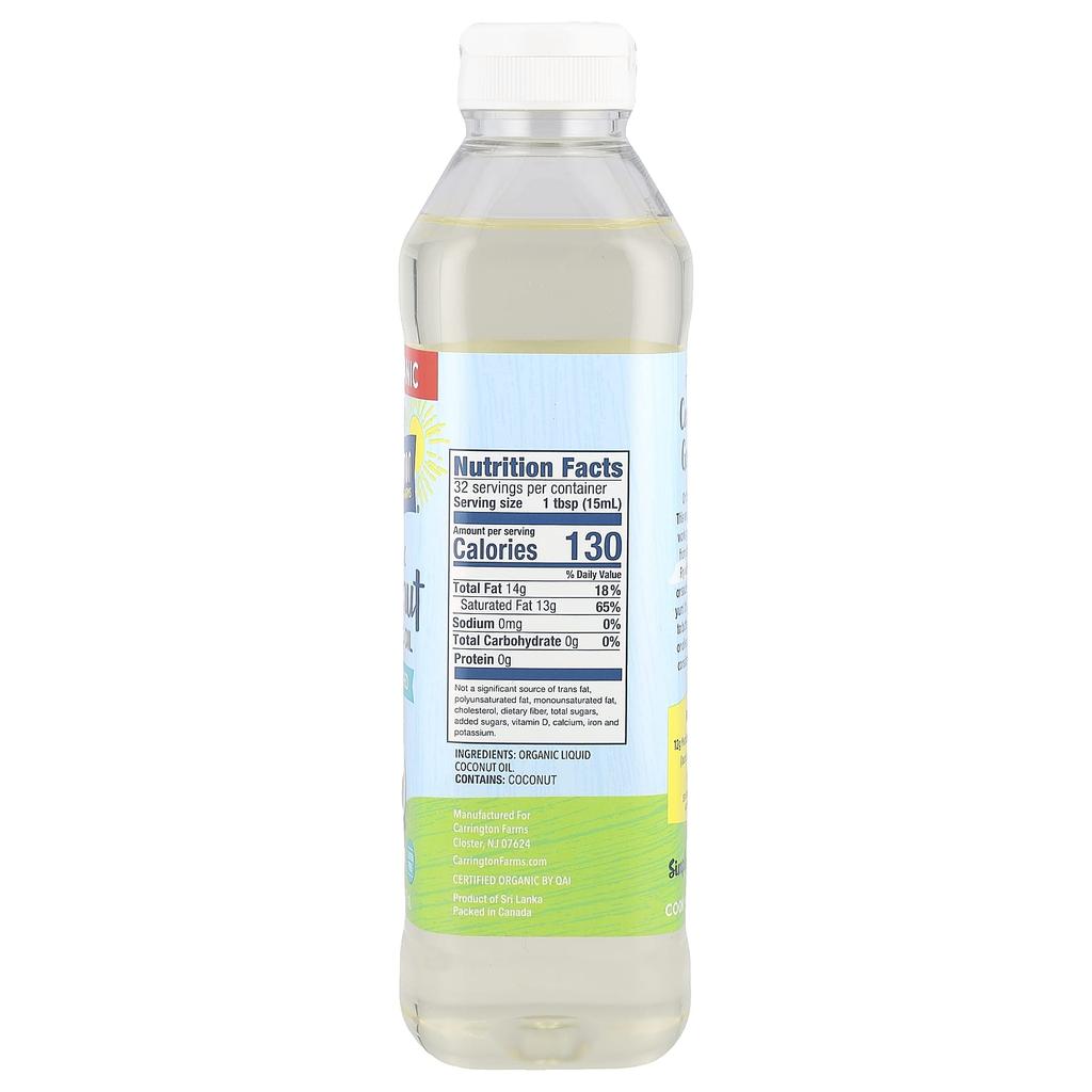 Carrington Farms Organic Coconut Cooking Oil, Unflavored, 16 Fl Oz (473 Ml)