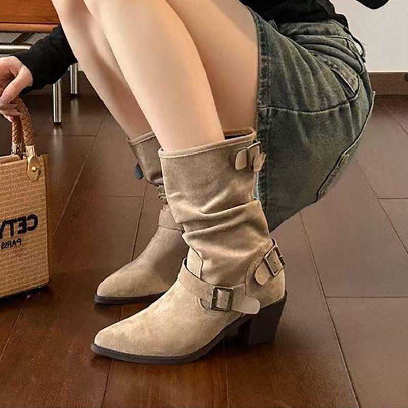 

Women s 2025 Fleece-Lined Retro Mid-Calf Western Boots 100