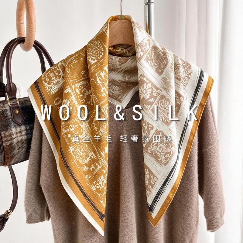 Retro silk wool square scarf silk blended women's autumn and winter versatile scarf accessories temperament silk scarf shawl