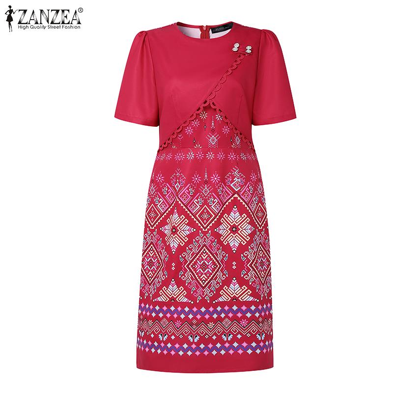 

ZANZEA Элегантное женское повседневное платье с круглым вырезом, короткими рукавами, цветочным принтом и лоскутным дизайном 2XL красный