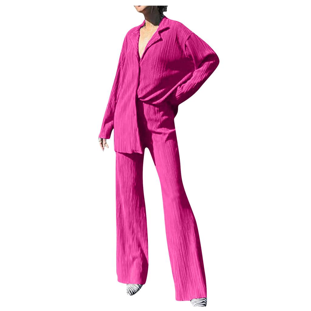 Women's 2 Piece Casual Outfits Long Sleeve Button Down Shirt High Waist Long Pants Loungewear Streetwear