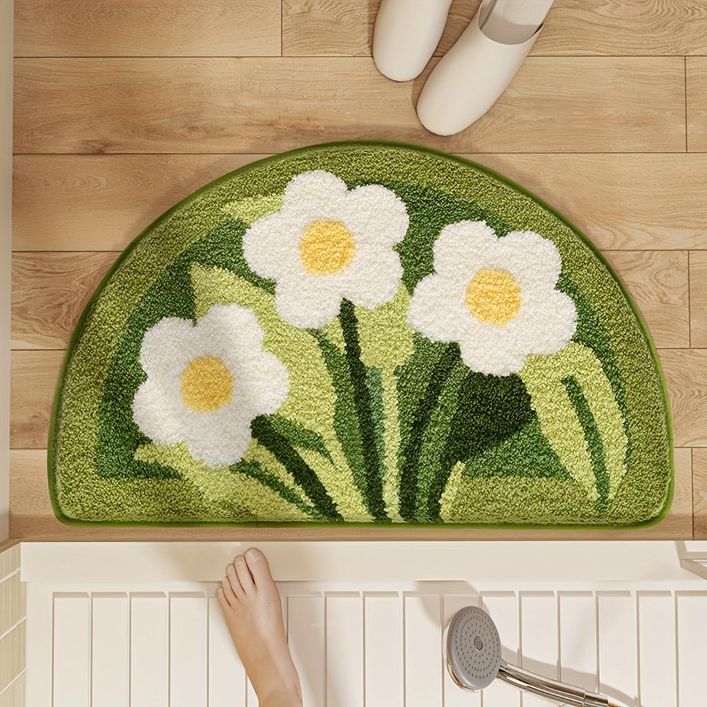 Bathroom Water Absorbent Non Slip Semi Circular Carpet Machine Washable Ins Style Floral Pattern Soft Skin Friendly Mat