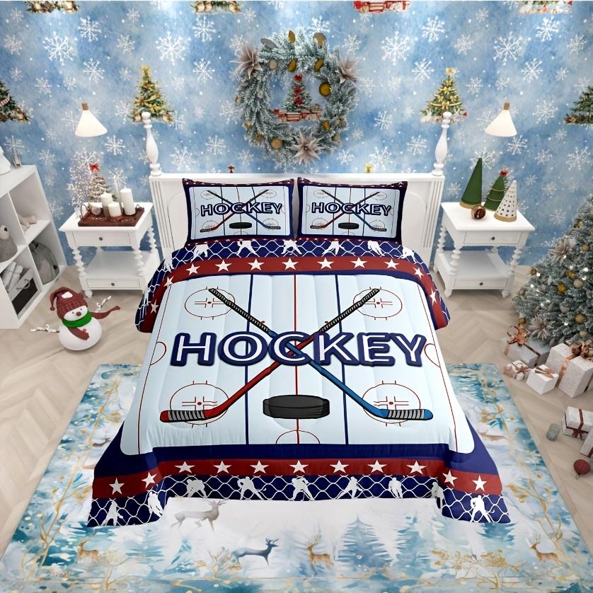 2/3Pcs Ice Hockey Player Comforter Set Hockey Pucks Field Quilted Bedding With Pillowcases Twin Full Queen Size For Christmas