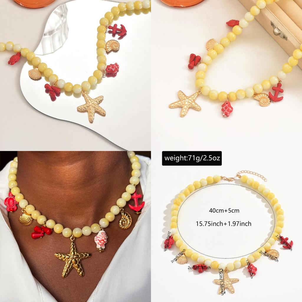 Beaded Necklace With Shell Beads And Geometric Pendant For Women